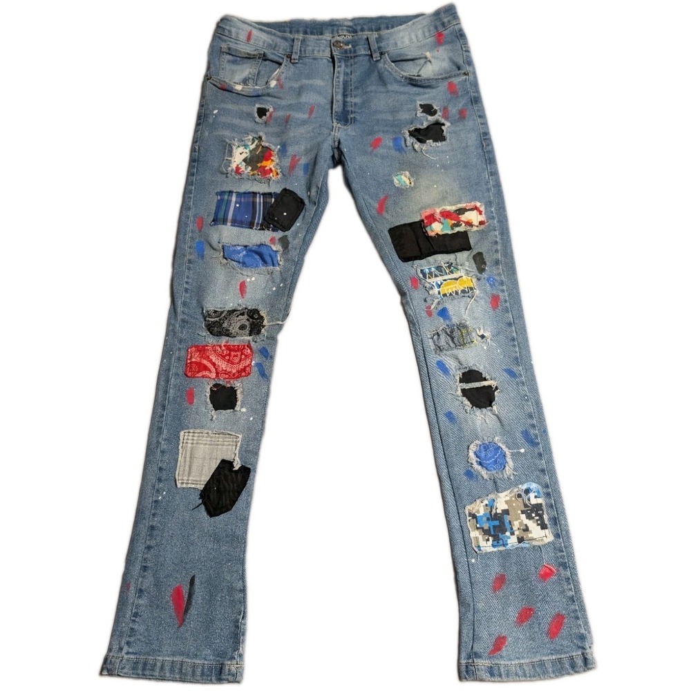 DRVN Mens Patchwork Distressed Jeans Paint Splatter Light Wash Denim 34x32